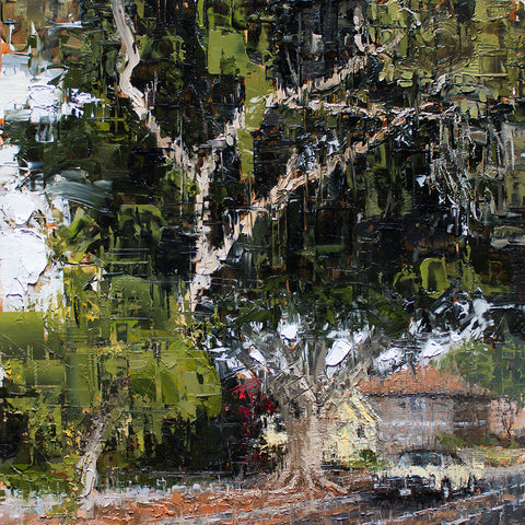 The tree on 3rd. 16 x 16", oil on panel